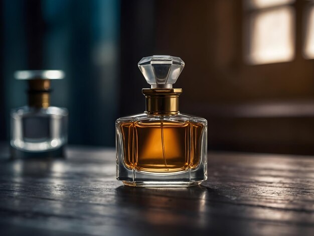 Une bouteille de parfum sur la table.