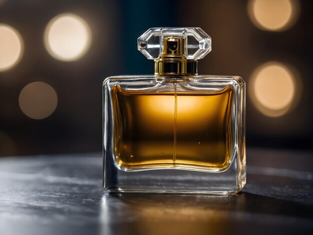 Une bouteille de parfum sur la table.