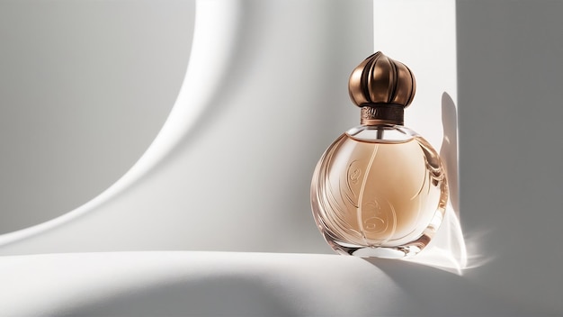 Une bouteille de parfum transparente et en bronze isolée sur le sol blanc