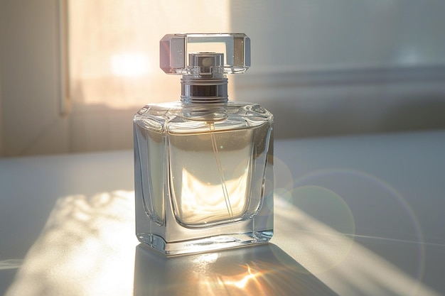 Bouteille de parfum transparente sur un fond léger et simple