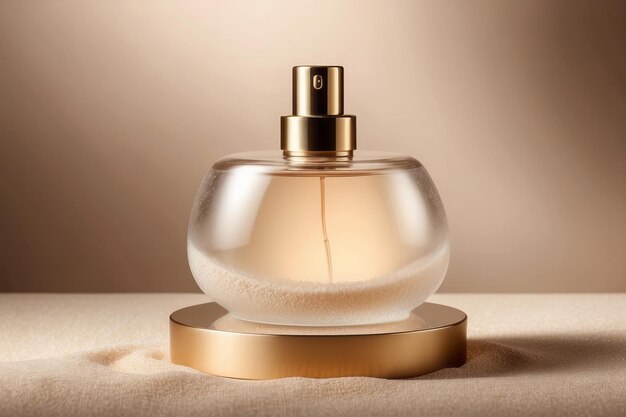 Bouteille de parfum transparente sur un fond de sable