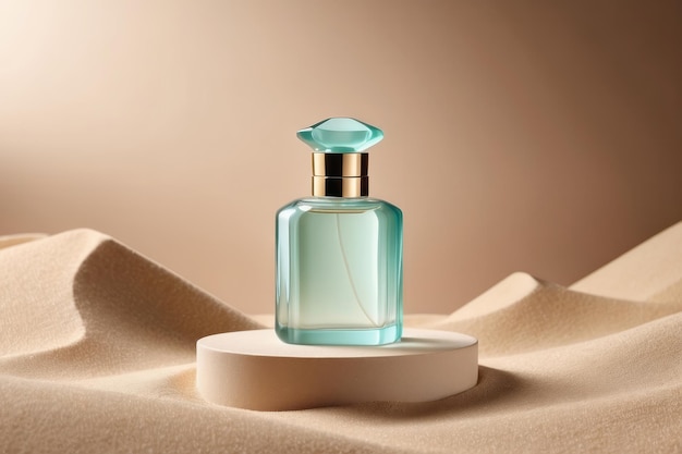 Bouteille de parfum transparente sur un fond de sable