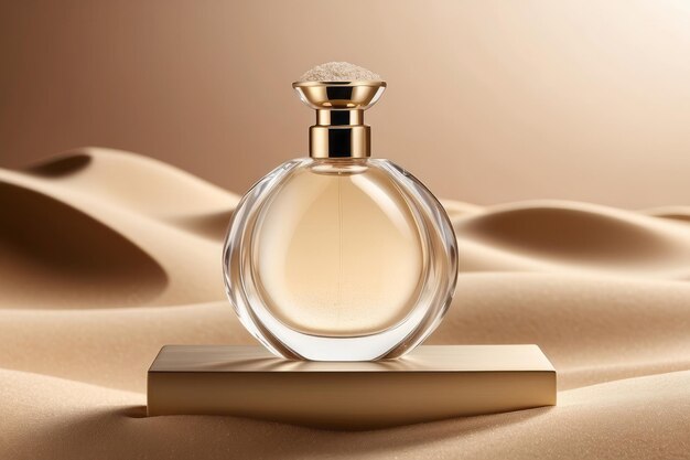 Photo bouteille de parfum transparente sur un fond de sable