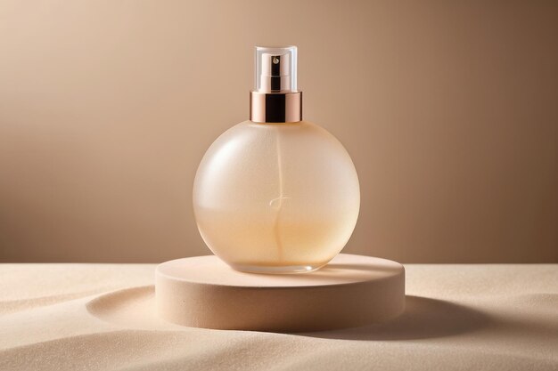 Photo bouteille de parfum transparente sur un fond de sable