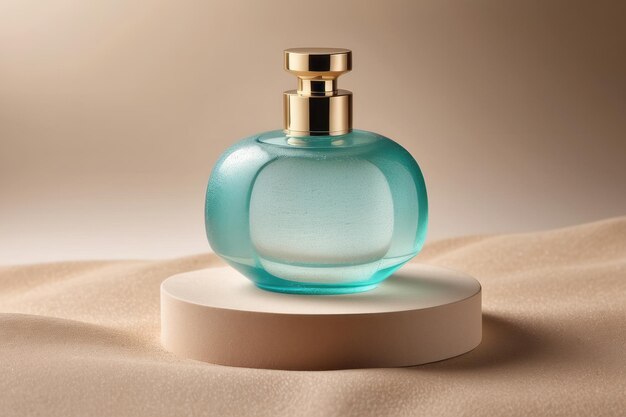 Bouteille de parfum transparente sur un fond de sable