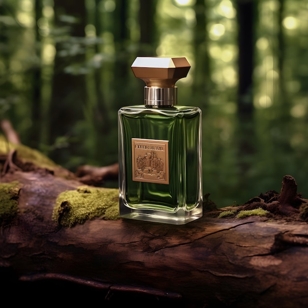 Une bouteille de parfum sur un tronc dans les bois