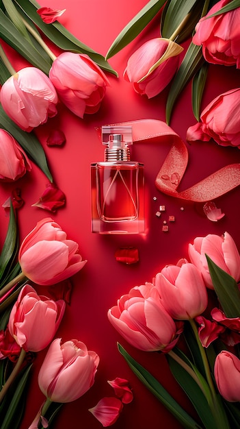 Bouteille de parfum et de tulipes sur fond rose rouge printemps plat couché concours international de la journée de la femme