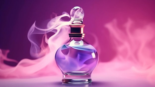 bouteille de parfum en verre ou en cristal de luxe avec des ondes de fumée en arrière-plan sur un thème violet rose