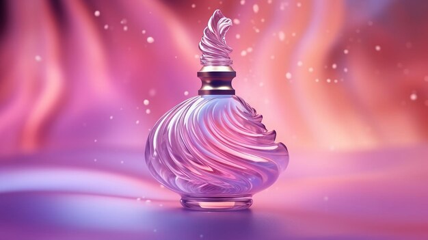 bouteille de parfum en verre ou en cristal de luxe avec des ondes de fumée en arrière-plan sur un thème violet rose