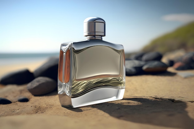 Une Bouteille De Parfum En Verre Debout Sur Un Fond De Mer Art Généré Par Un Réseau De Neurones