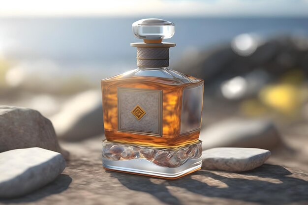 Une bouteille de parfum en verre debout sur un fond de mer Art généré par un réseau de neurones