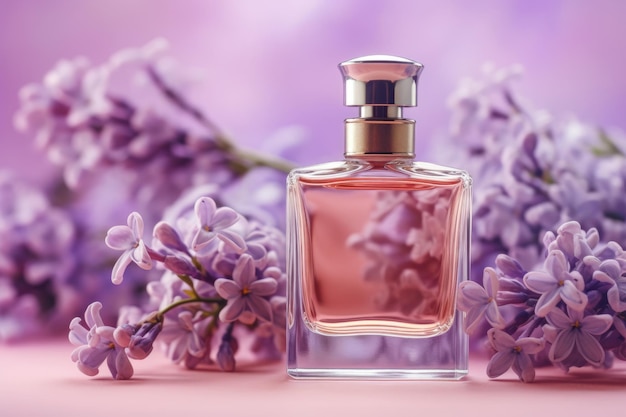 Bouteille de parfum en verre avec des fleurs de lilas sur un fond de lilas générée par l'IA