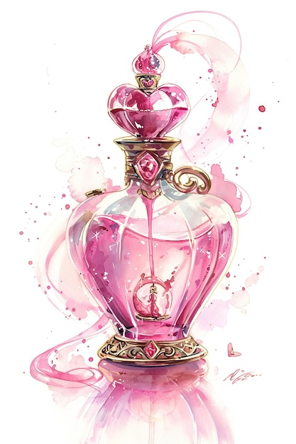 Photo une bouteille de parfum en verre rose avec un cœur sur le dessus