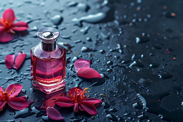 Bouteille de parfum en verre rose sur fond rocheux sombre parmi les pétales de fleurs