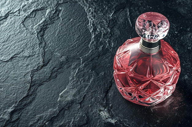 Une bouteille de parfum en verre rose sur les pierres sombres et humides.