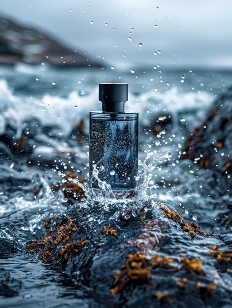 Photo bouteille de parfum en verre sombre placée sur un rocher accidenté avec un fond de mer et des vagues éclaboussant