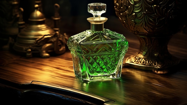 une bouteille de parfum verte