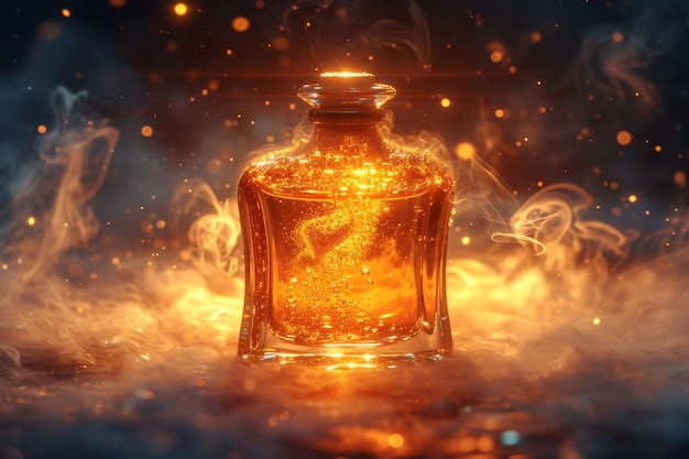 Une bouteille de parfum vide sur un fond de feu et de fumée illustration 3D