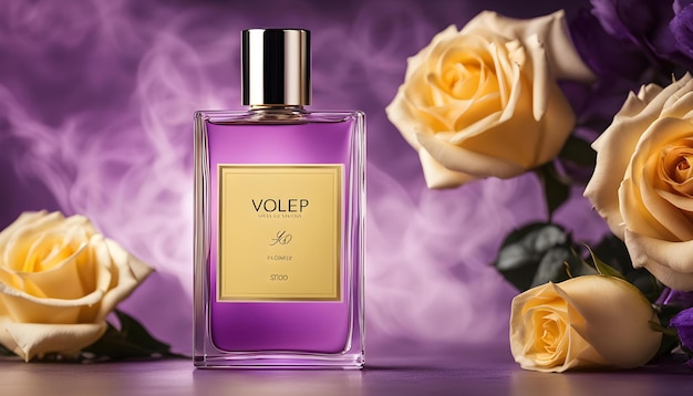 Photo une bouteille de parfum violet avec des roses jaunes en arrière-plan
