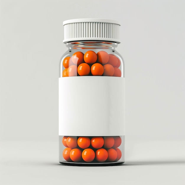 une bouteille de pilules avec un couvercle blanc qui dit que les oranges sont dans un récipient blanc