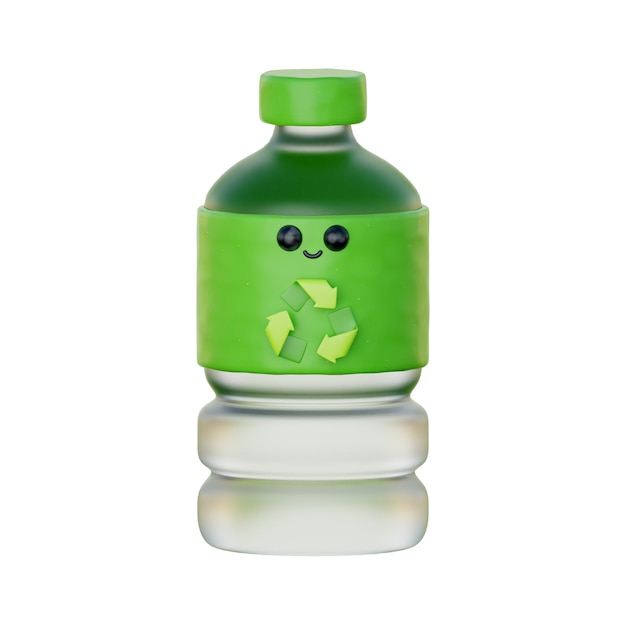 Bouteille en plastique 3d avec symbole de recyclage Journée mondiale de l'environnement Rendu 3d de style dessin animé respectueux de l'environnement