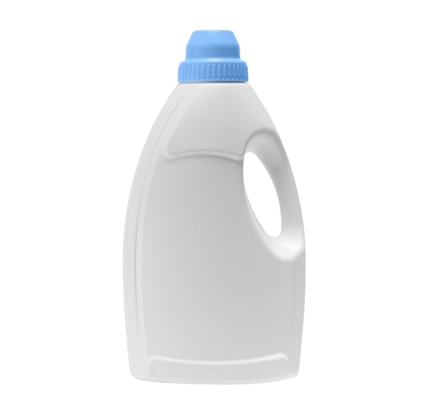 Bouteille en plastique blanc pour lessive liquide détergent ou agent de nettoyage avec bouchon bleu isolé sur un coup