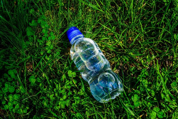 Bouteille en plastique avec de l'eau claire dans l'herbe verte