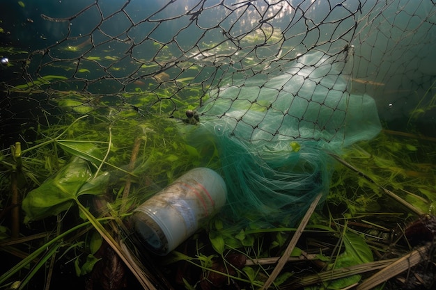 Photo bouteille en plastique emprisonnée dans un filet entouré de poissons et de plantes aquatiques créée avec une ia générative