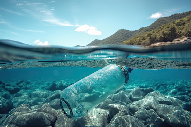 Bouteille en plastique flottant dans l'océan entourée d'un paysage serein créé avec une IA générative