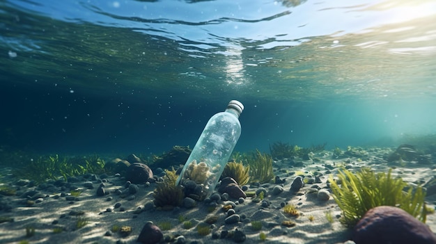 Bouteille en plastique sur le fond marin sous l'eau avec génération d'IA