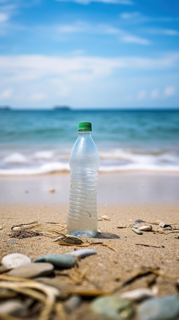 Une bouteille en plastique sur la plage avec des pierres et de l'eau.