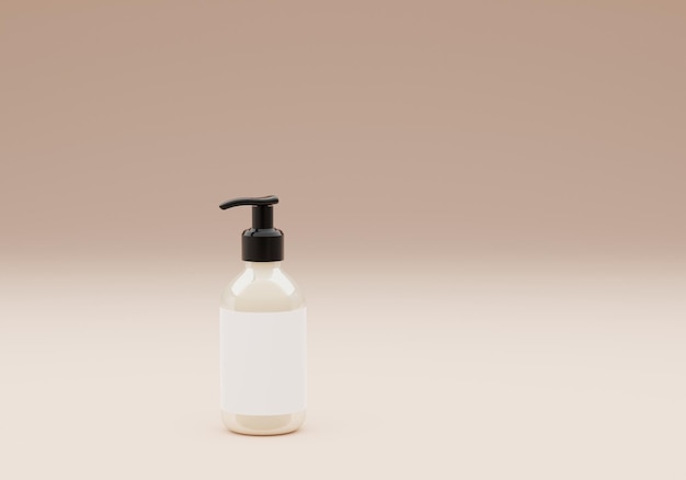 Une bouteille en plastique pour savon, shampoing, crème, désinfectant avec pompe se dresse sur fond beige.