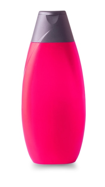 Bouteille en plastique rose avec shampoing masculin sculpté sur fond blanc