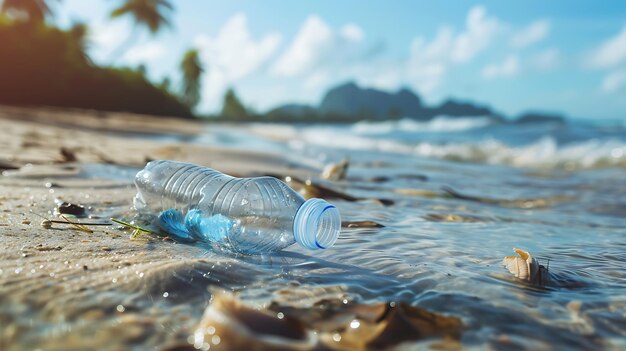 Photo une bouteille en plastique sur le sable nous rappelle notre impact sur l'environnement.