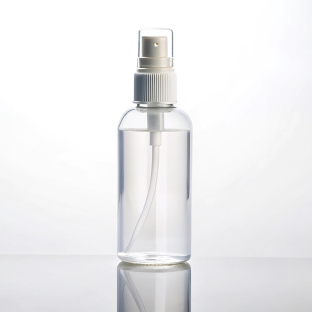 Une bouteille en plastique transparent avec une buse de pulvérisation blanche et une étiquette blanche sur le devant la bouteille est fille