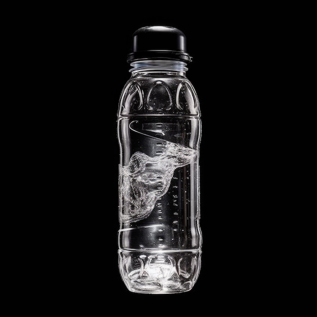 Une bouteille en plastique transparent avec les mots " eau " dessus.