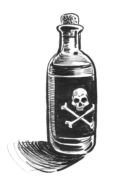 Bouteille de poison avec un crâne humain et des os croisés. Dessin noir et blanc à l'encre