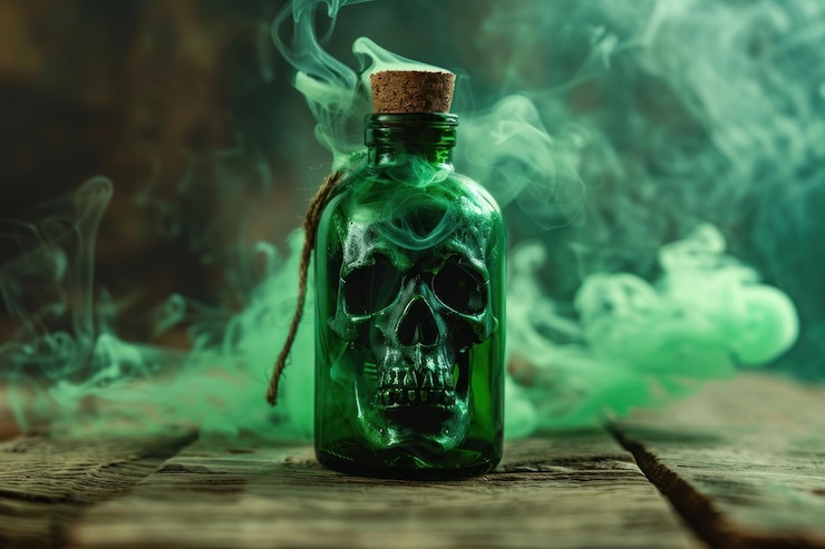 Photo bouteille de poison avec une fumée verte de crâne en arrière-plan