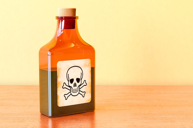 Bouteille de poison sur la table en bois rendu 3D
