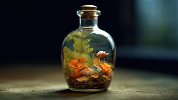 Une bouteille de poisson dans une bouteille en verre avec un poisson doré à l'intérieur