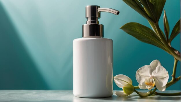 Photo bouteille de pompe cosmétique élégante avec une orchidée sur un fond turquoise