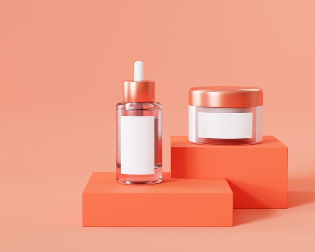 Bouteille et pot pour produits cosmétiques sur podium orange