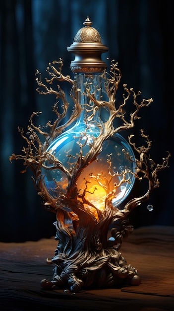 Bouteille de potion lumineuse fantastique avec petit arbre magique