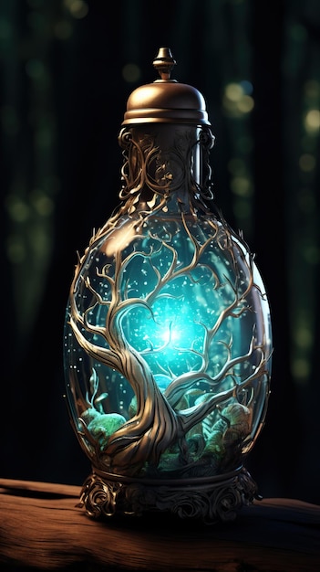 Bouteille de potion lumineuse fantastique avec petit arbre magique