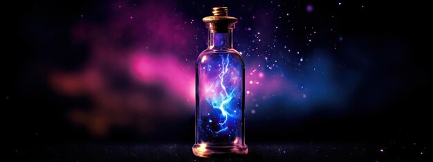 Bouteille de potion magique brillant dans l'obscurité avec un ciel étoilé de nuit mystérieux en arrière-plan