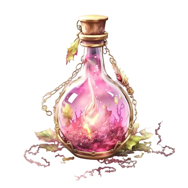 Une bouteille de potion magique avec un liquide rose à l'intérieur.