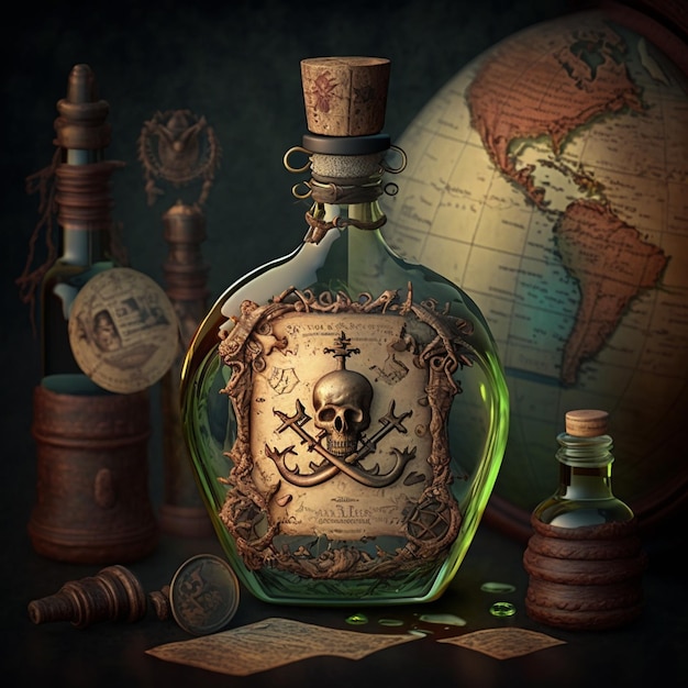 Photo une bouteille de potion pirate avec un crâne sur l'étiquette.