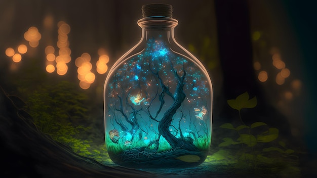 Bouteille de potion rougeoyante avec arbre magique à l'intérieur sur l'art généré par le réseau de neurones au sol de la forêt de nuit