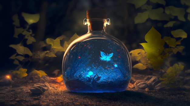 Bouteille de potion rougeoyante avec papillon magique à l'intérieur sur l'art généré par le réseau de neurones au sol de la forêt de nuit