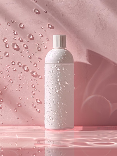 Une bouteille de produits de soin de la peau blancs sur fond rose clair